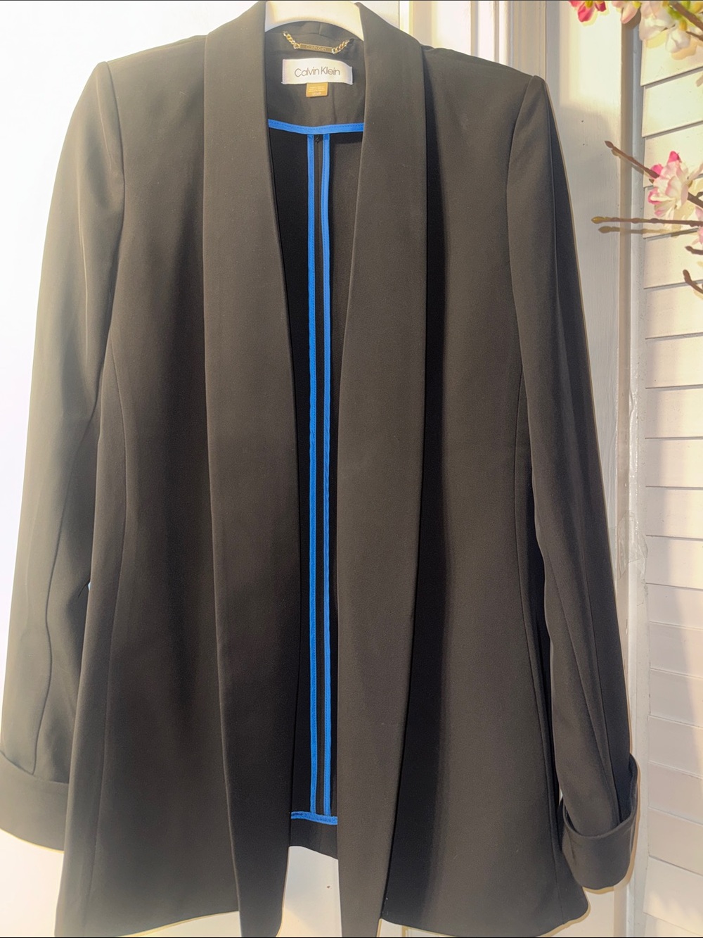 Calvin Klein Black Open-Front Blazer with Blue Trim